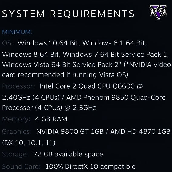 Минимальные системные требования GTA 5 на PC