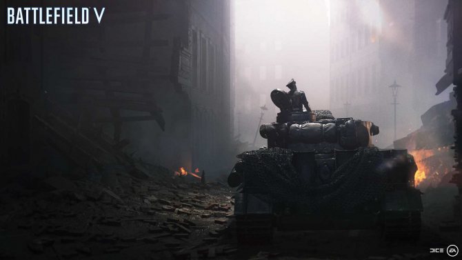 На иллюстрации изображён снимок экрана (скриншот) из одиночной кампании Battlefield V из «военной истории» под названием «Последний Тигр»